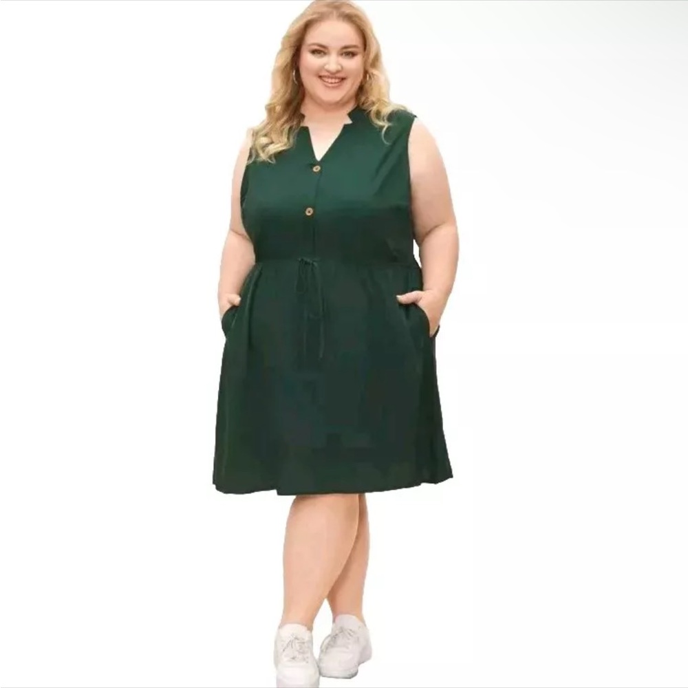 BLOOMCHIC Women’s Plain Ties Front Button Pocket V-neck Dress Green Sz 18-20 NEW